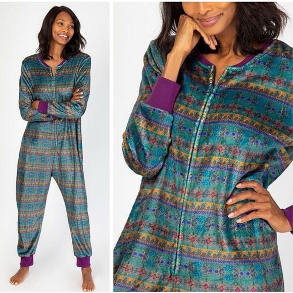 New Natural Life One Piece Pajamas L/XL Floral Boho Plush Fleece Jumpsuit Zip - Picture 1 of 15